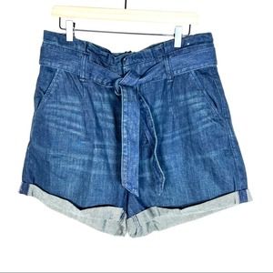 Express dark wash high rise rise waist cuffed paper bag Jean shorts size 14